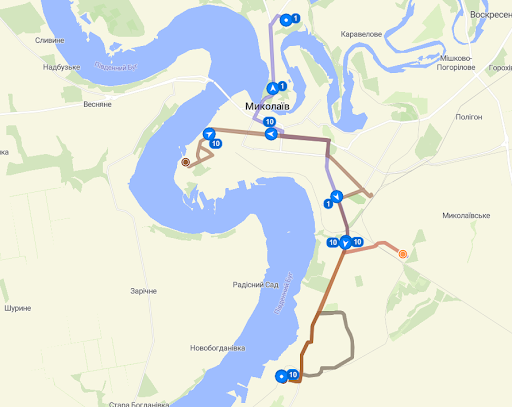 Схема маршрутів 1, 10, 11 та 12 у Миколаєві